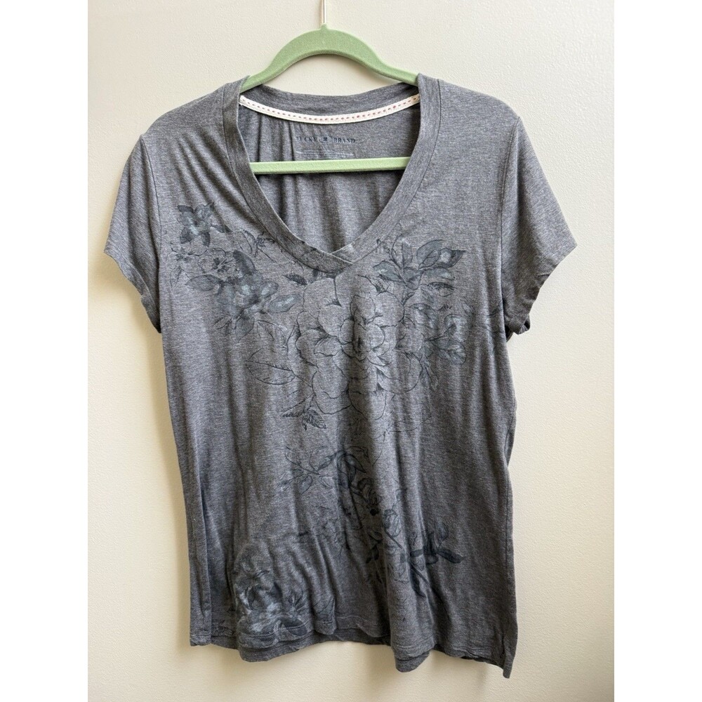 Lucky Brand Grey Floral Pattern Cotton V-Neck Tee Size Large